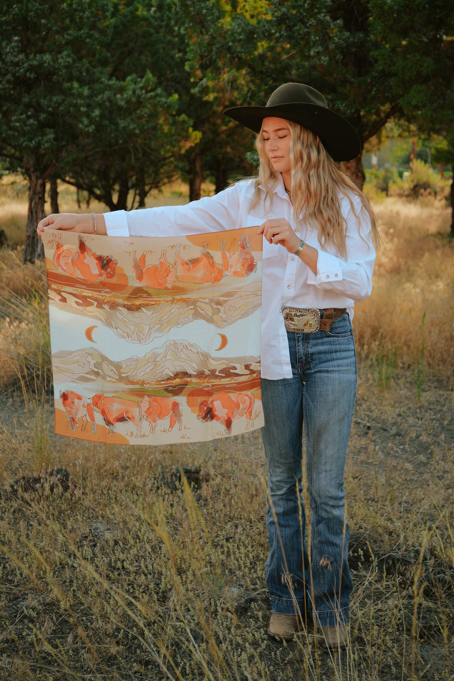 Bison and Mountain Range Western Buffalo Silk Wild Rag Scarf