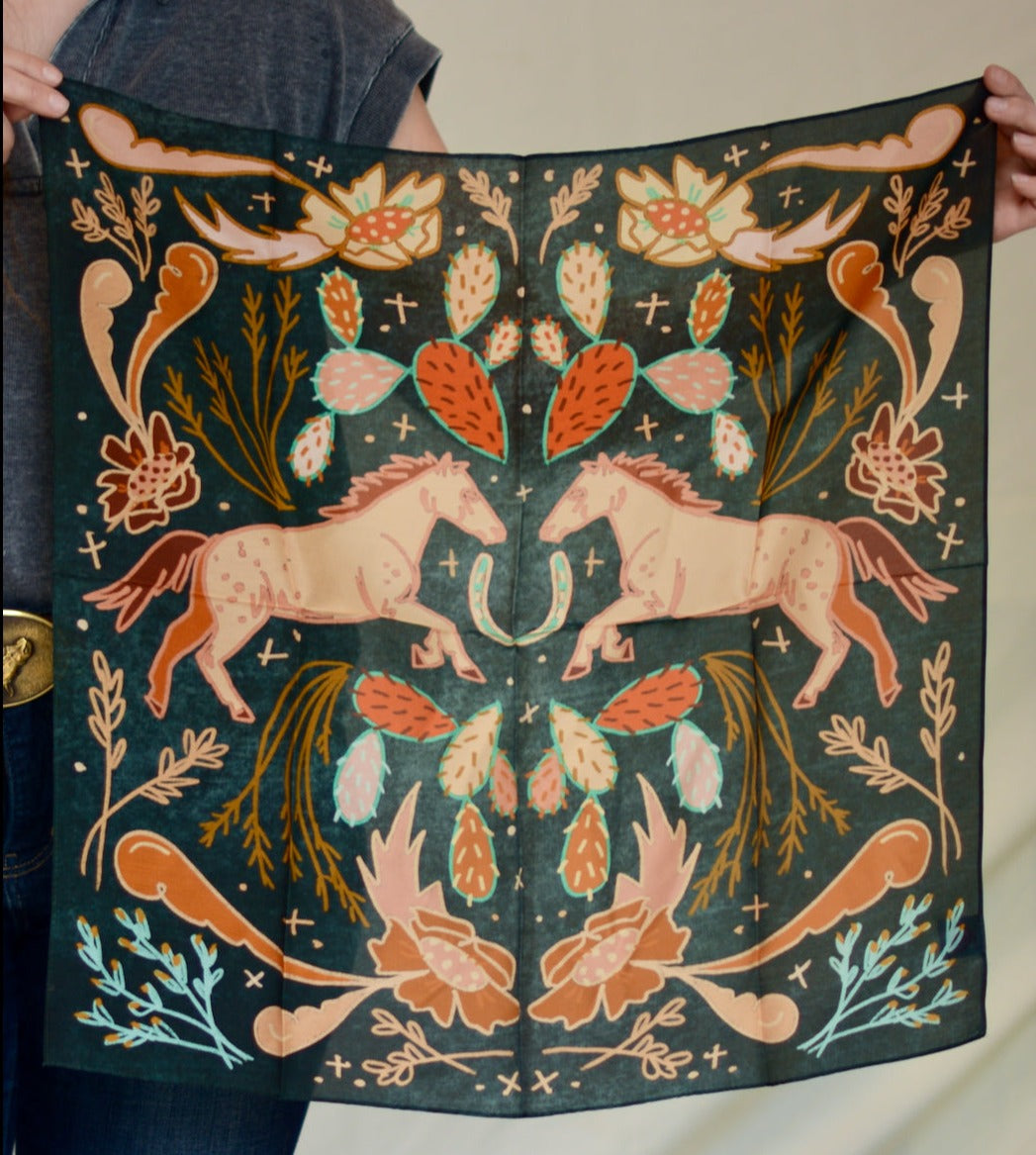 Wild Horse Prairies in Denim Cowgirl Wild Rag: Western Scarf Bandana Silk Tencel Wildrag