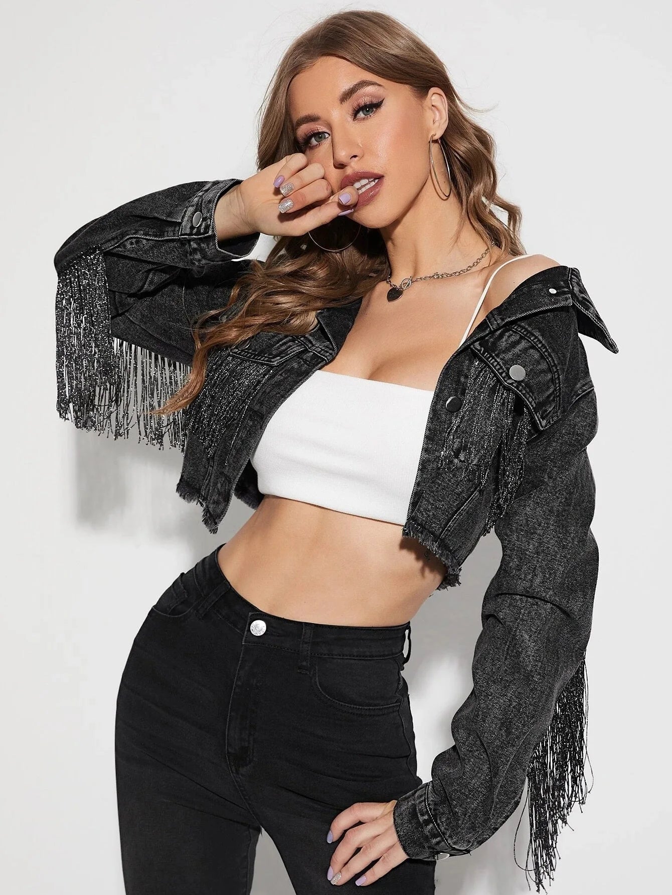 Women Tassel Denim Jacket Long Sleeve Cowgirl Jacket