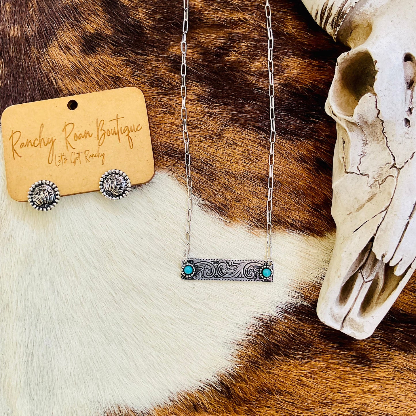 Western Etched Stone Bar Necklace Adjustable Cowgirl Jewelry