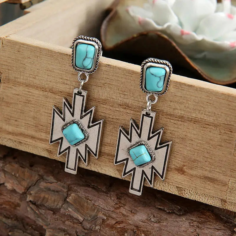 Western Cowgirl Aztec Dangle Earrings Stone Navajo Aztec Turquoise