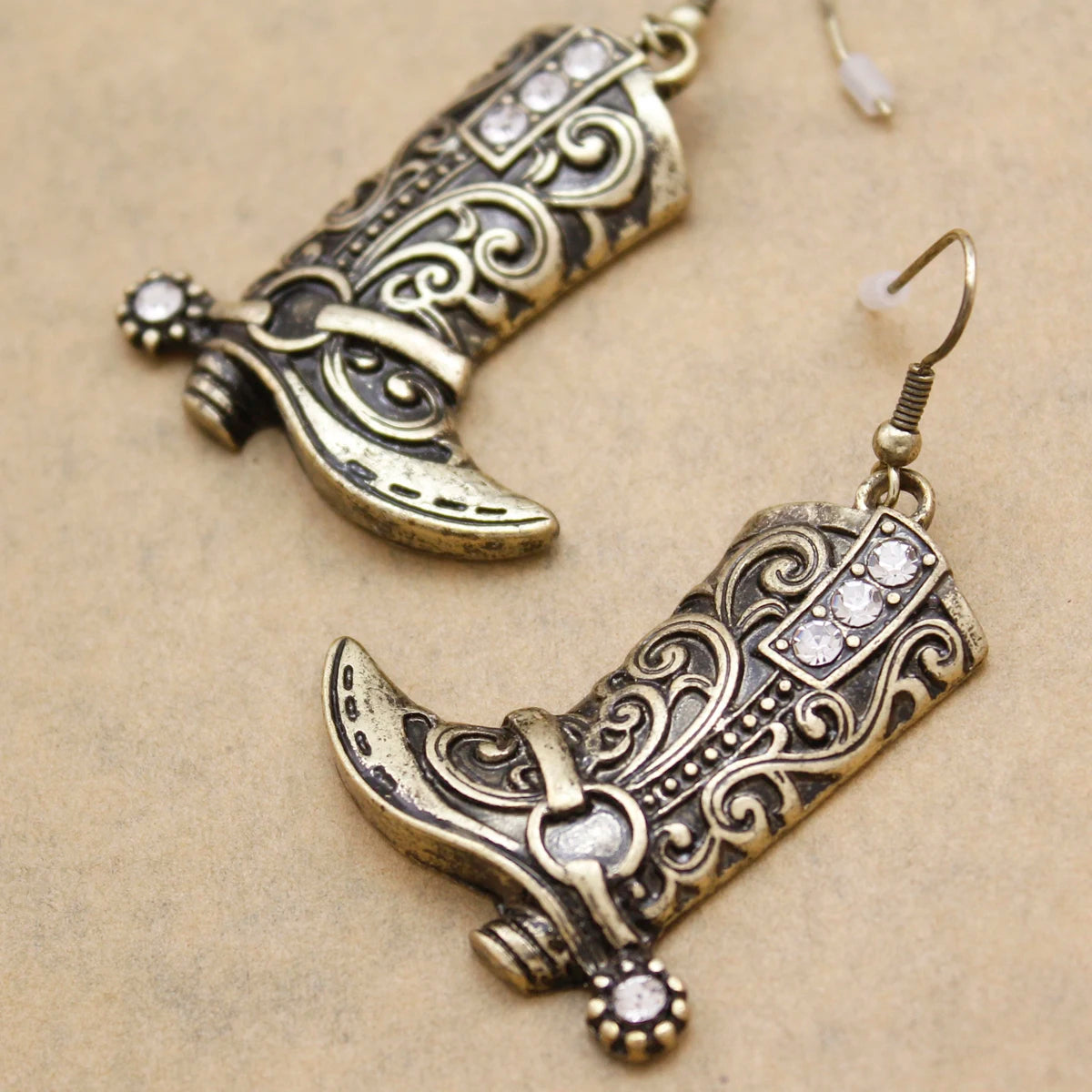 Vintage Stainless Steel Hook Cute Boots Crystal Earrings Western Cowgirl