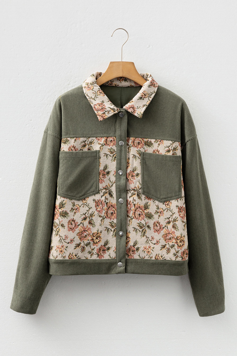 Clay Ribbed Retro Floral Patchwork Shirt Style Jacket