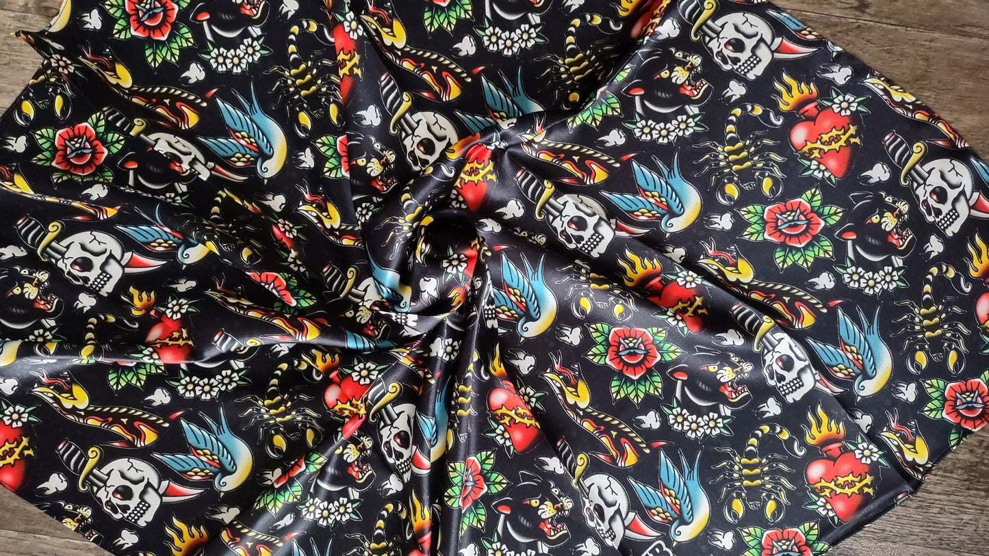 Wild Rag 100% SILK Black with Classic Tattoos Cowboy Western Neck Scarf Bandanna by Double B Wild Rags