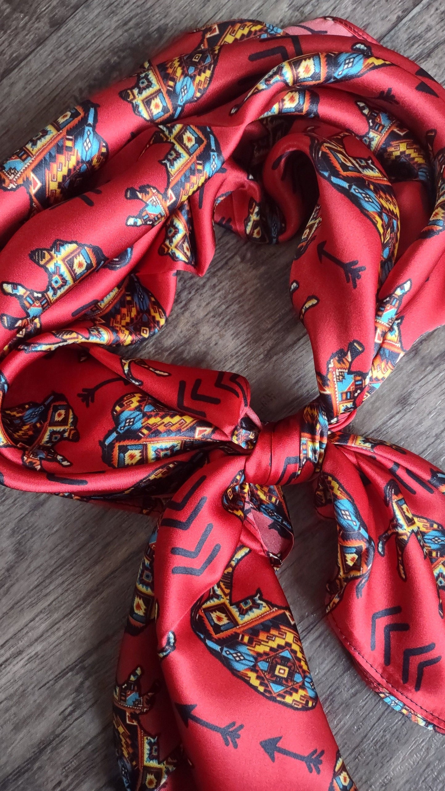 Silk Wild Rag Red Aztec Bison Buffalo and Arrows by Double B Wild Rags