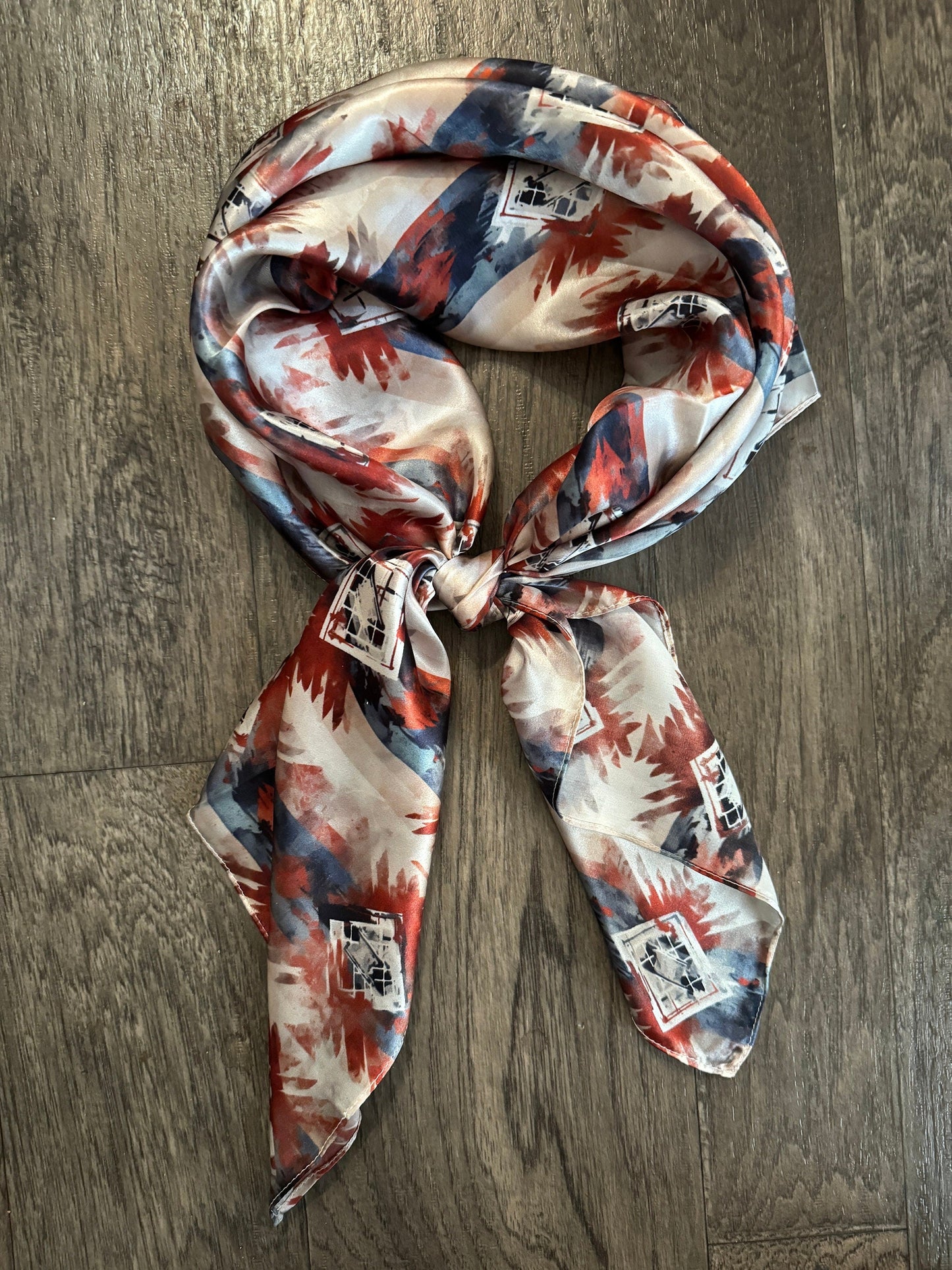 Silk Wild Rag Navy Blue Copper Ivory watercolor tribal print by Double B Wild Rags