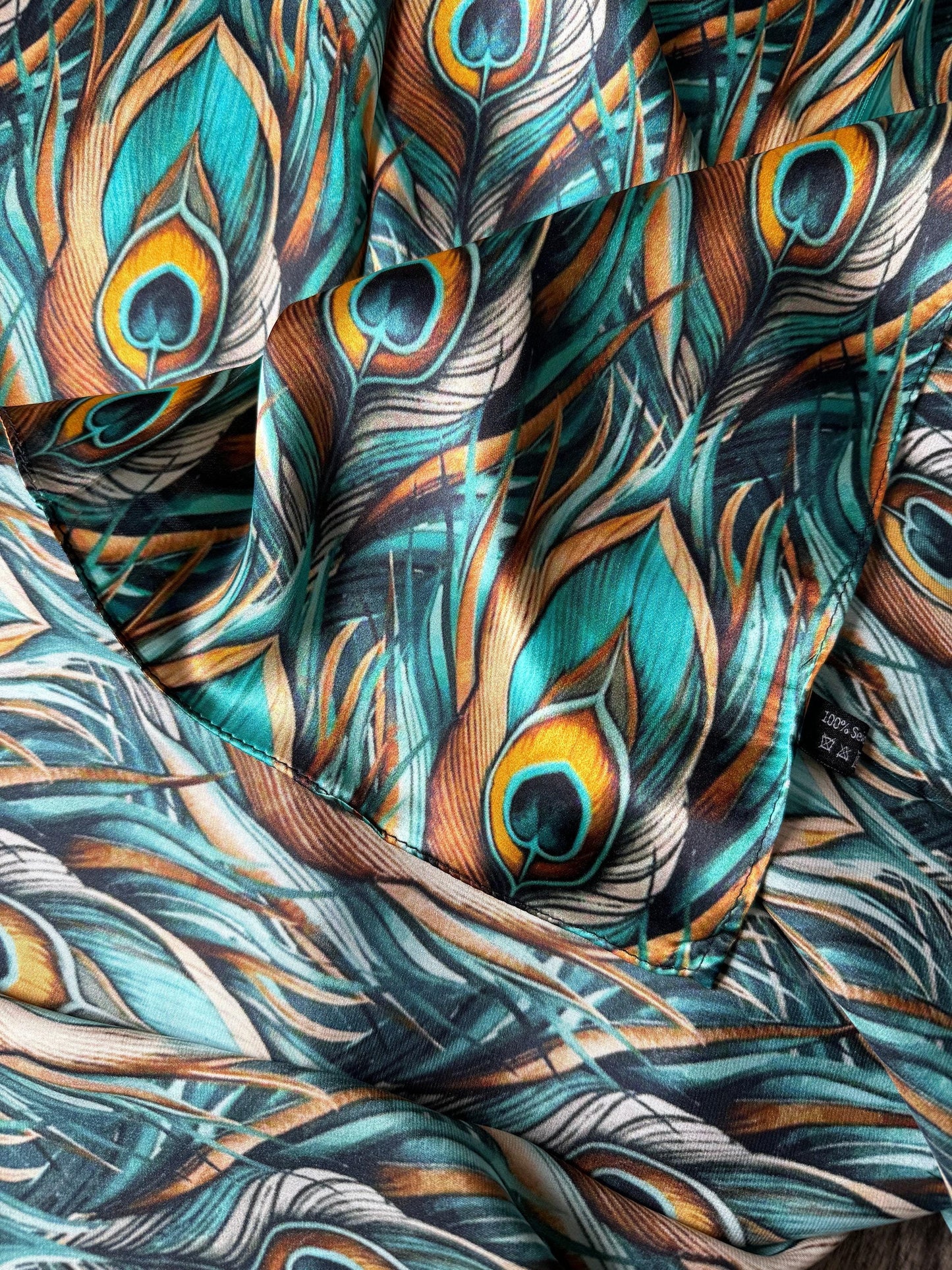 100% Silk Wild Rag Teal and Gold Peacock Feather by Double B Wild Rags