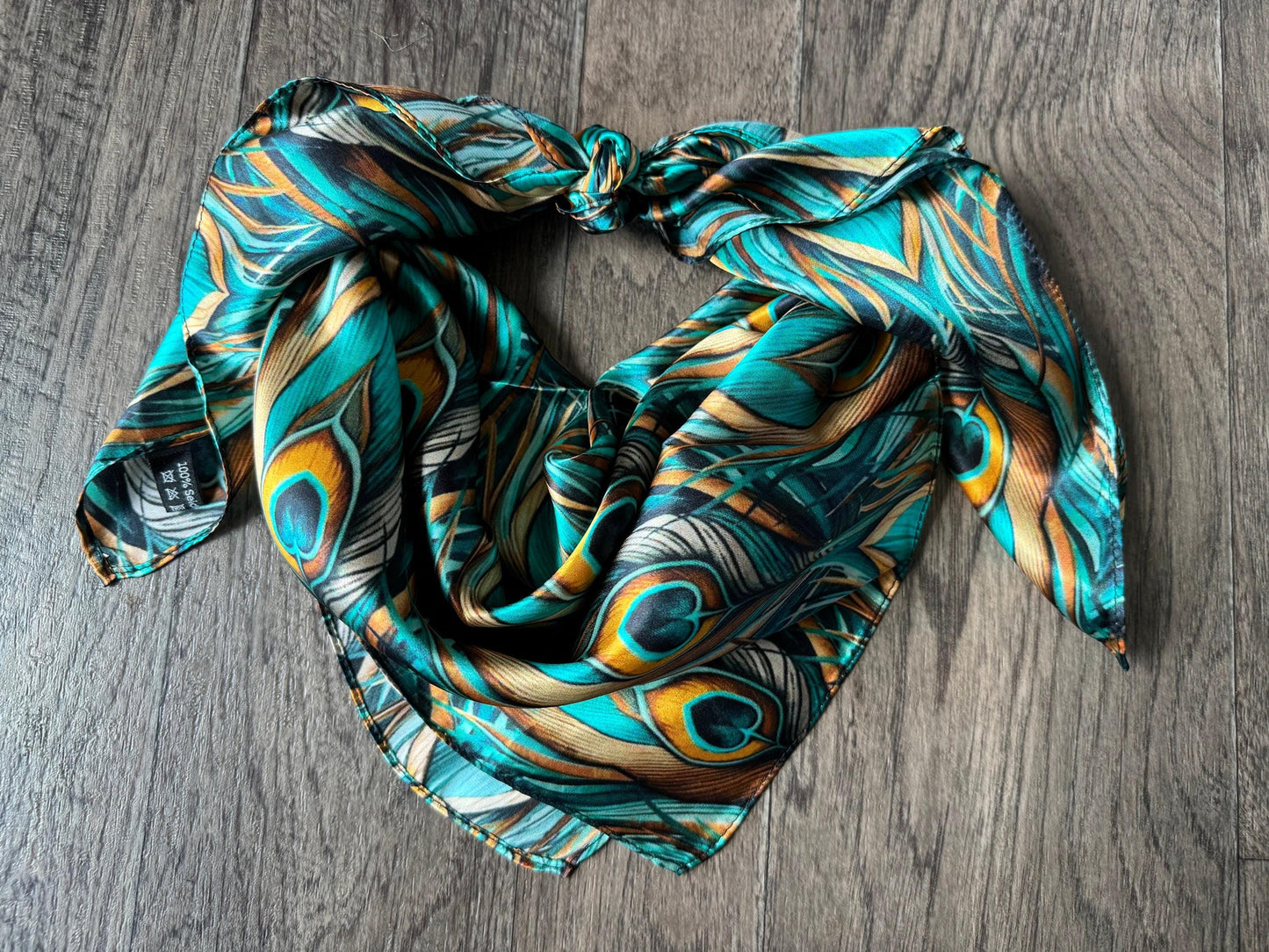 100% Silk Wild Rag Teal and Gold Peacock Feather by Double B Wild Rags