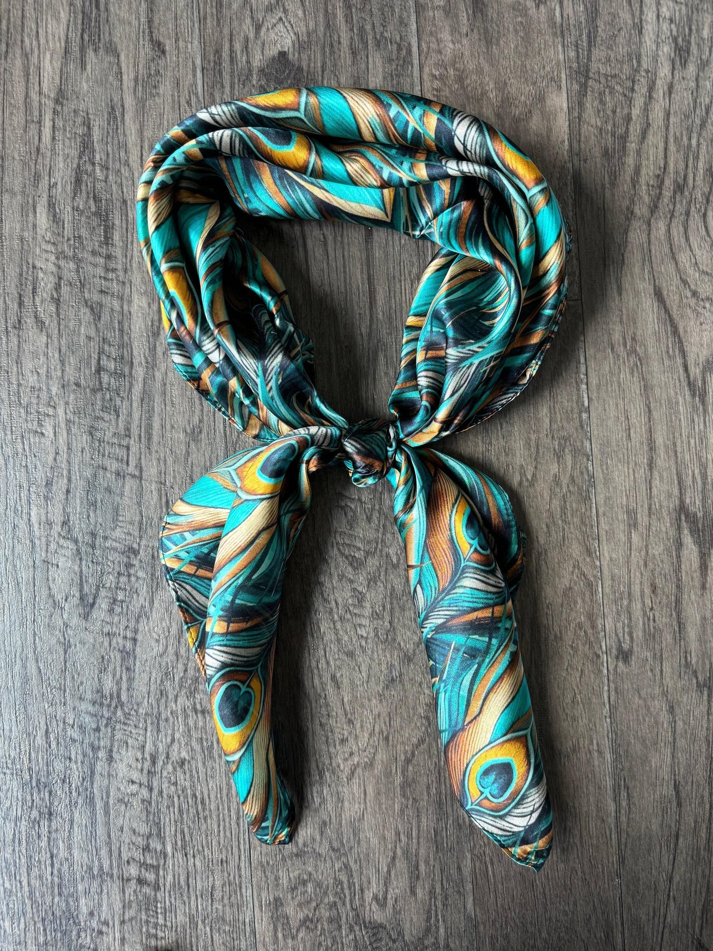 100% Silk Wild Rag Teal and Gold Peacock Feather by Double B Wild Rags