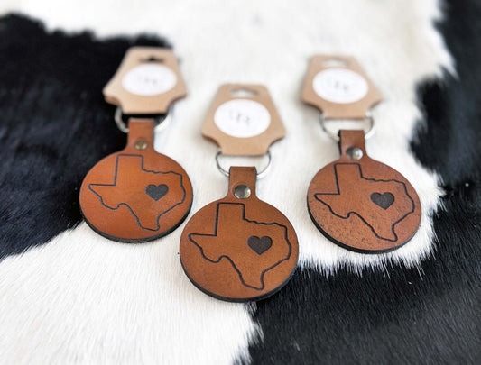 Texas w/ Heart Leather Keychain