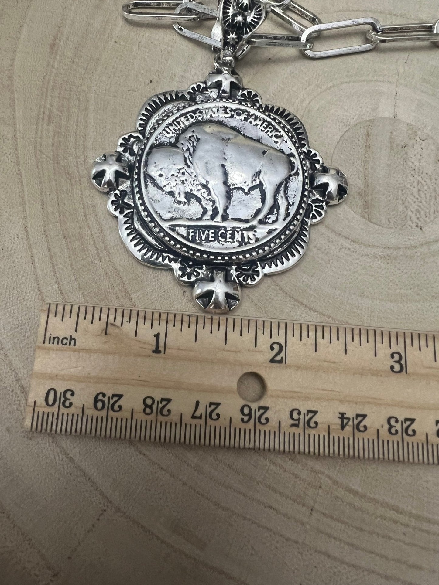 Western Faux Statement size Buffalo Coin Necklace & Earring Set - 18 inch + 3