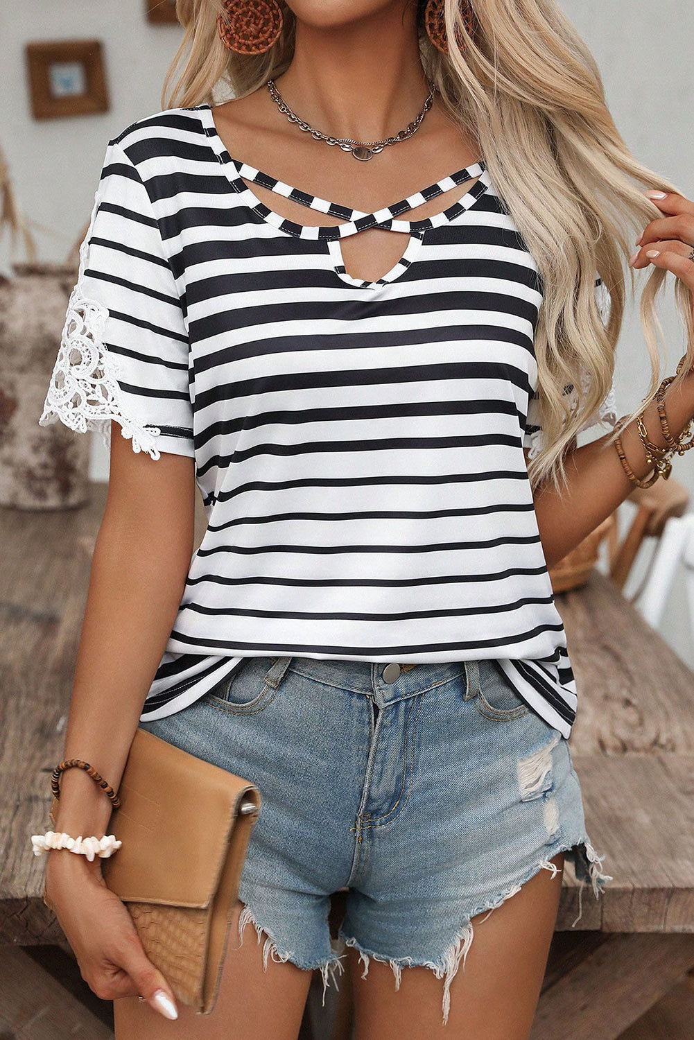 Black Stripe Criss Cross V Neck Lace Patchwork Sleeve T Shirt