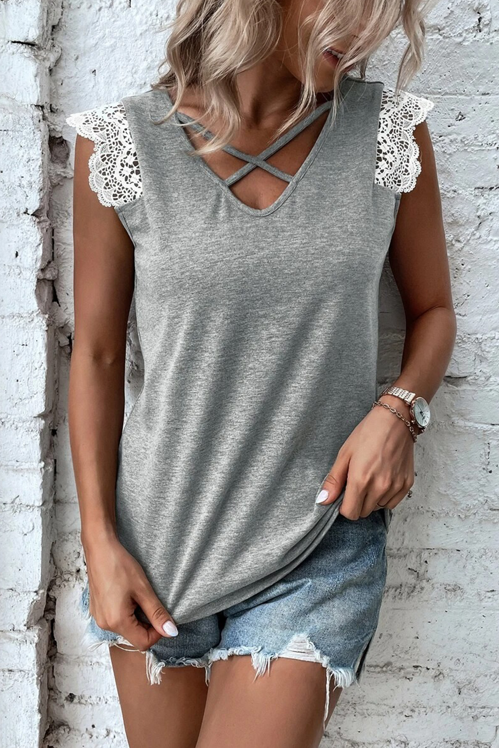 Gray Criss Cross V Neck Lace Applique Sleeveless Top