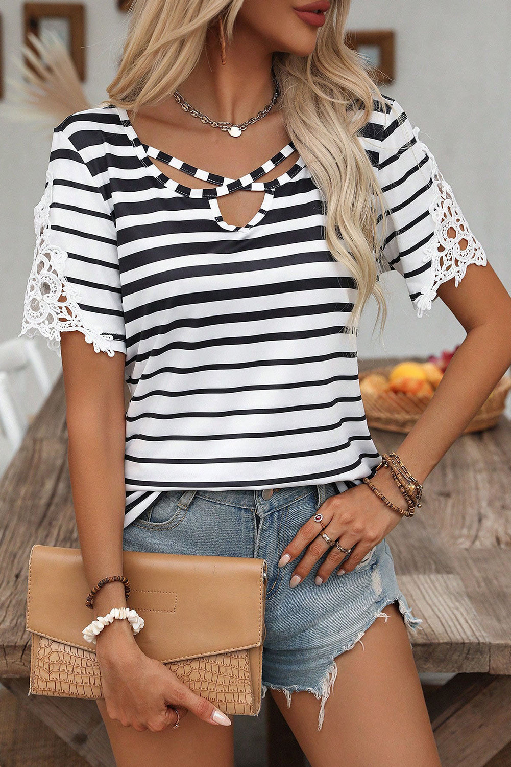 Black Stripe Criss Cross V Neck Lace Patchwork Sleeve T Shirt