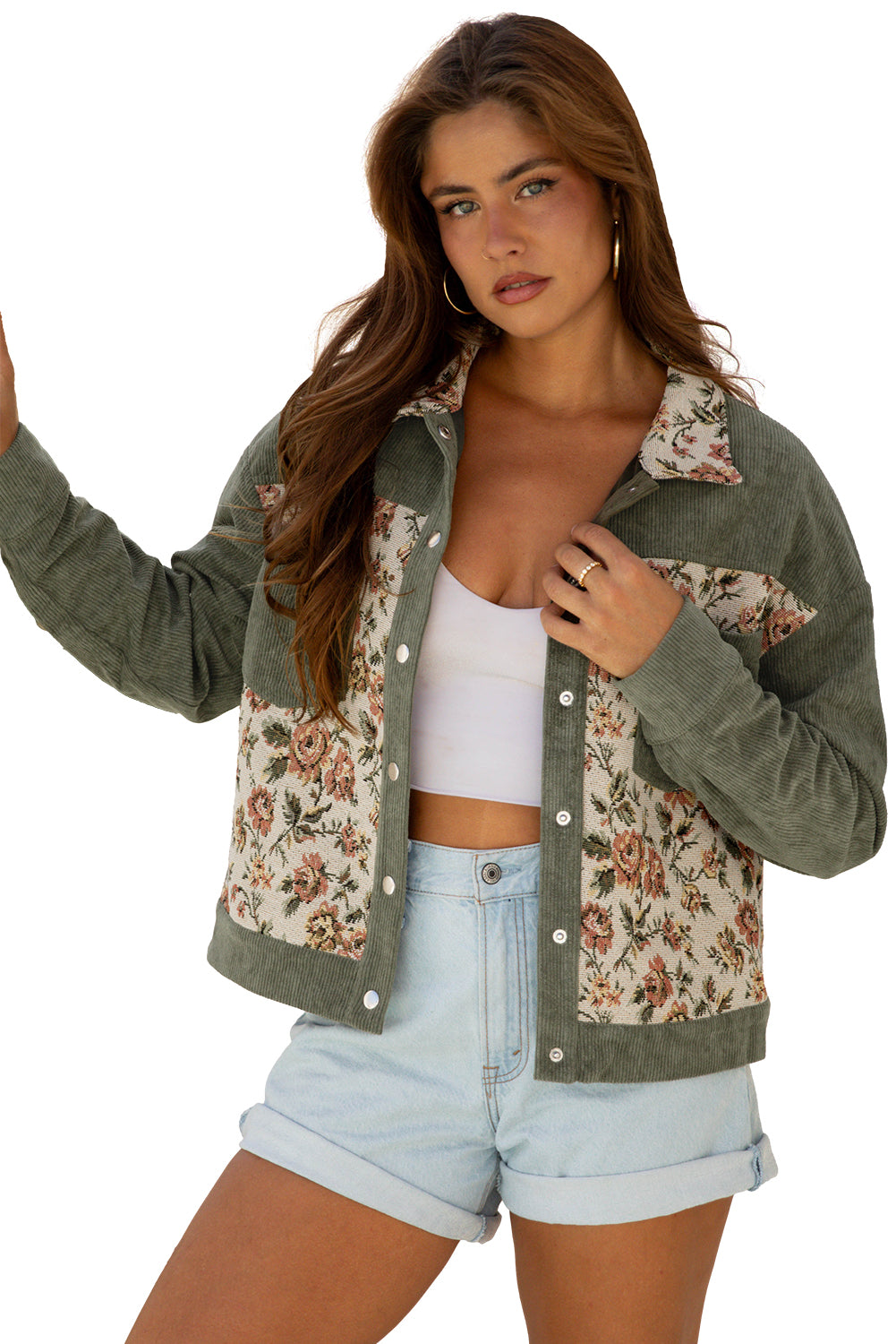 Clay Ribbed Retro Floral Patchwork Shirt Style Jacket