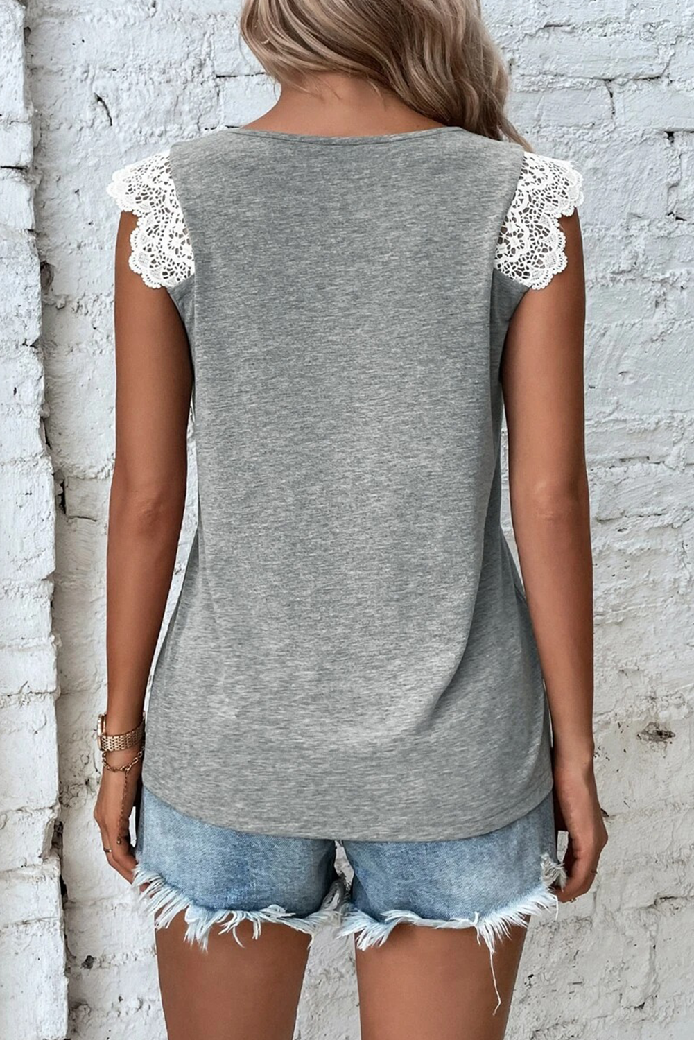 Gray Criss Cross V Neck Lace Applique Sleeveless Top