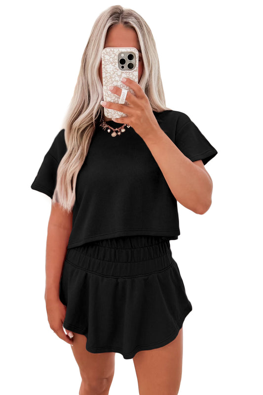 Black Cropped Tee and Ruffle High Waist Skort Set