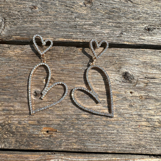 Gold Cowgirl Rhinestone Heart Dangle Fashion Earrings