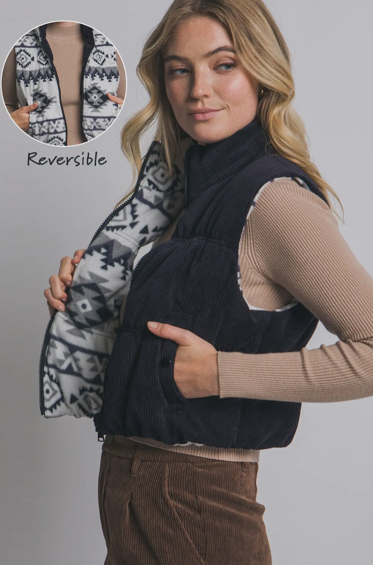 Reversible Aztec Print Corduroy Puffer Vest