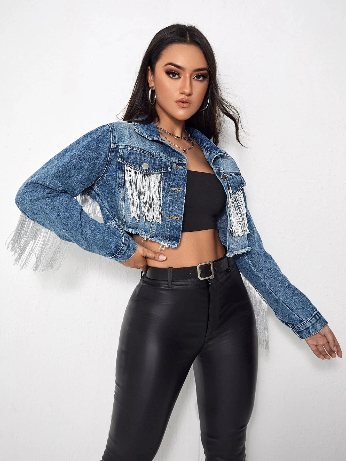 Women Tassel Denim Jacket Long Sleeve Cowgirl Jacket