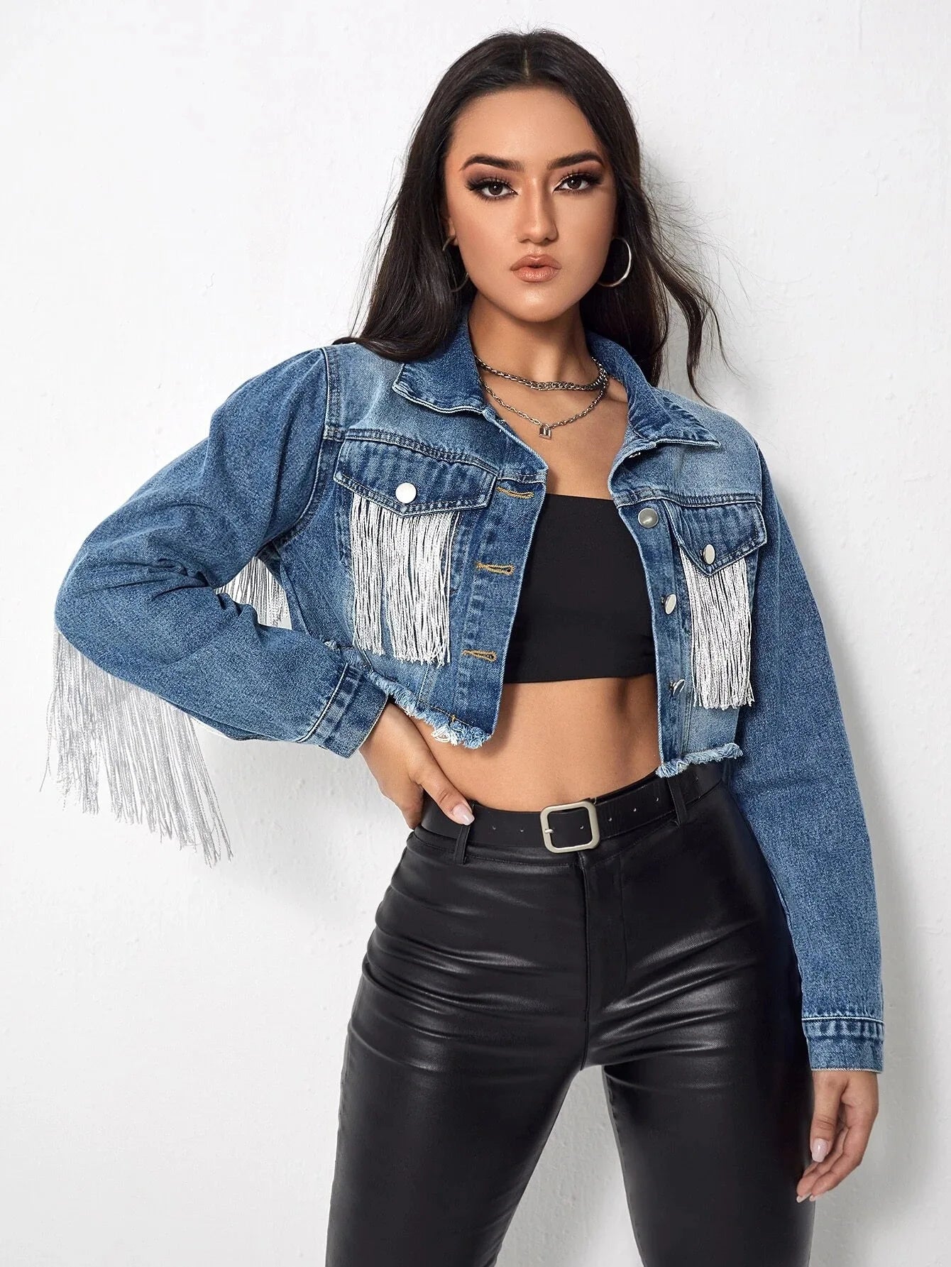 Women Tassel Denim Jacket Long Sleeve Cowgirl Jacket