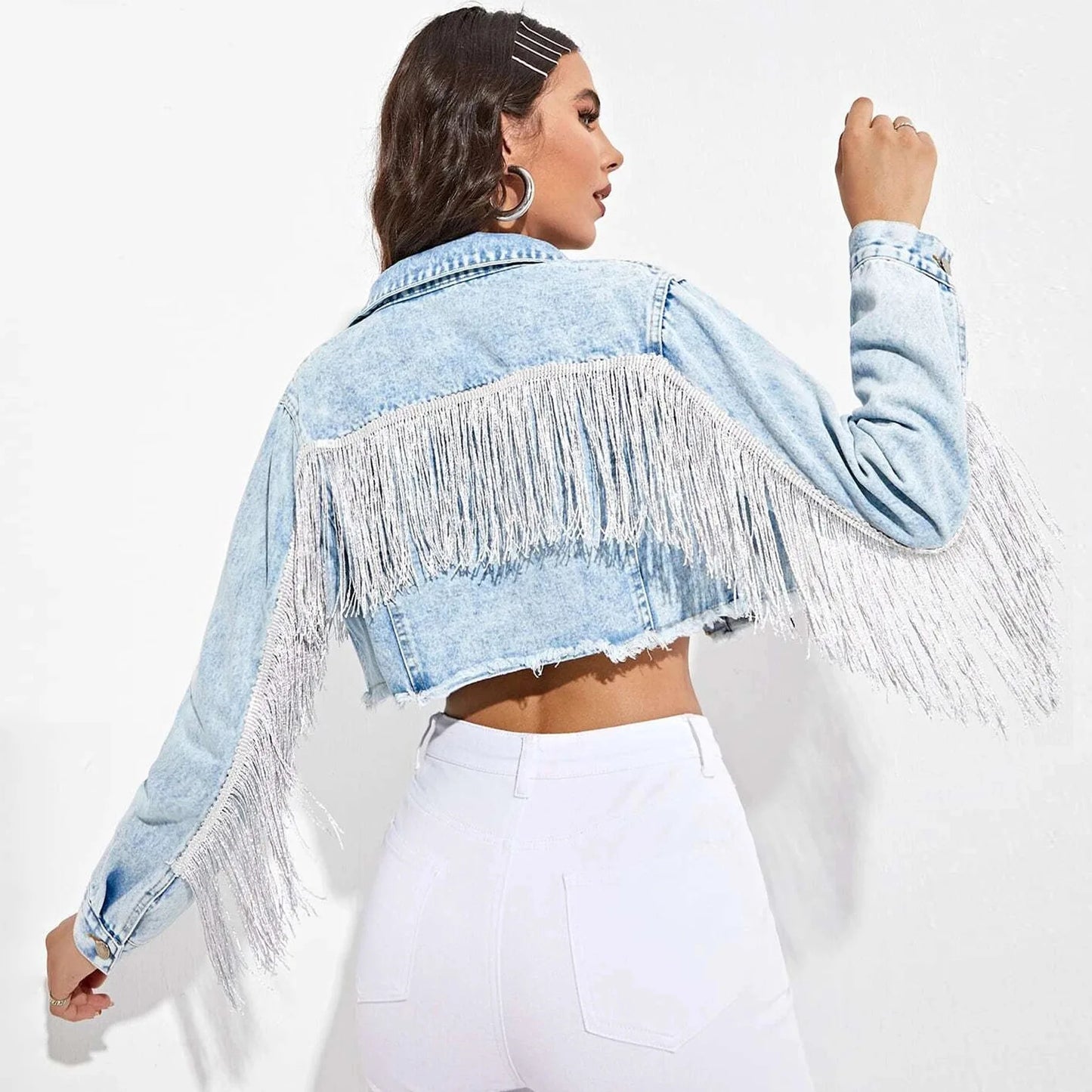 Women Tassel Denim Jacket Long Sleeve Cowgirl Jacket
