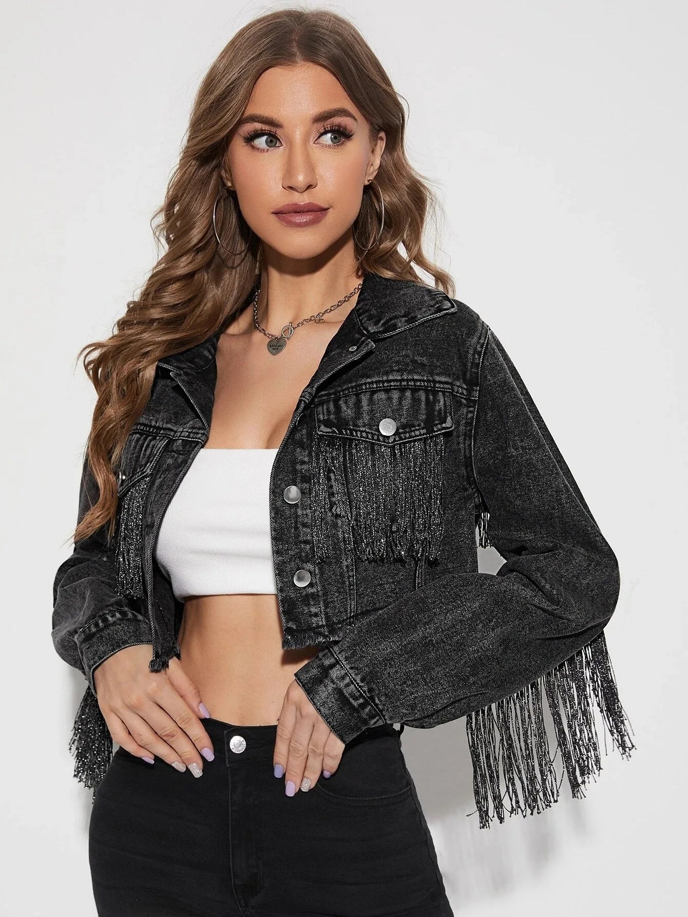 Women Tassel Denim Jacket Long Sleeve Cowgirl Jacket