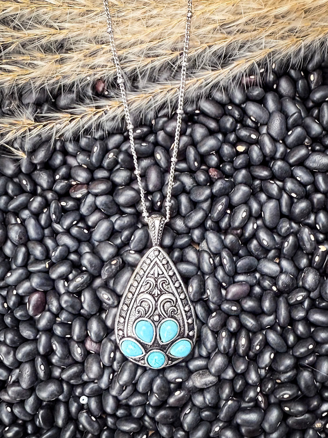 Jessamina Western Filigree Teardrop Aqu Stone Fashion Necklace Set