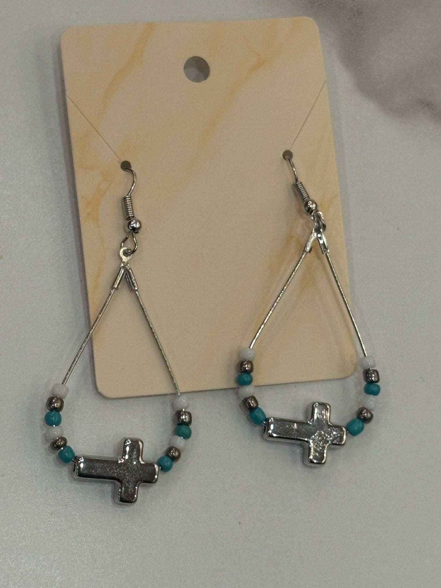 Turquoise & Silver Beaded Teardrop Earrings with Cross Charm