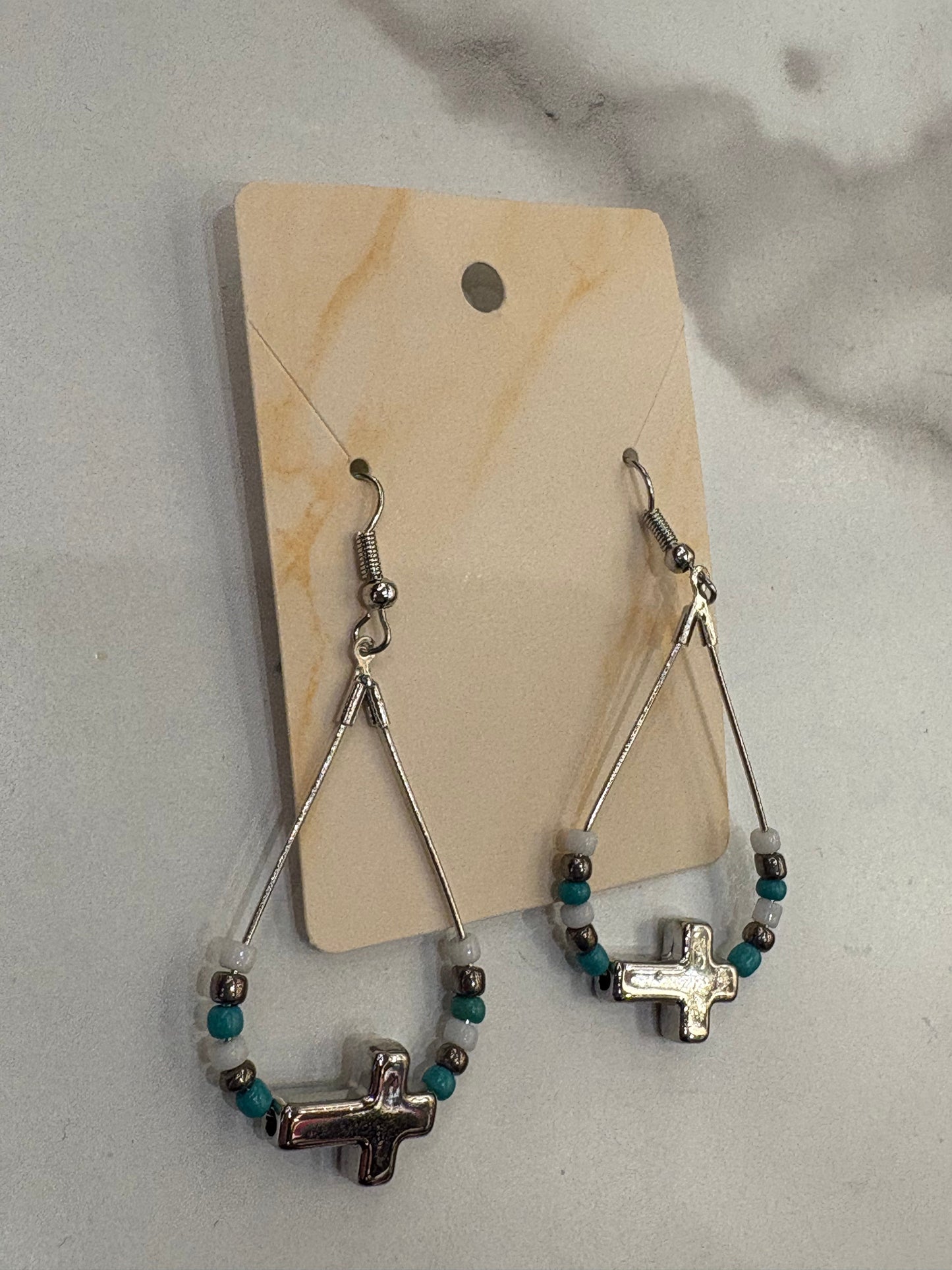 Turquoise & Silver Beaded Teardrop Earrings with Cross Charm
