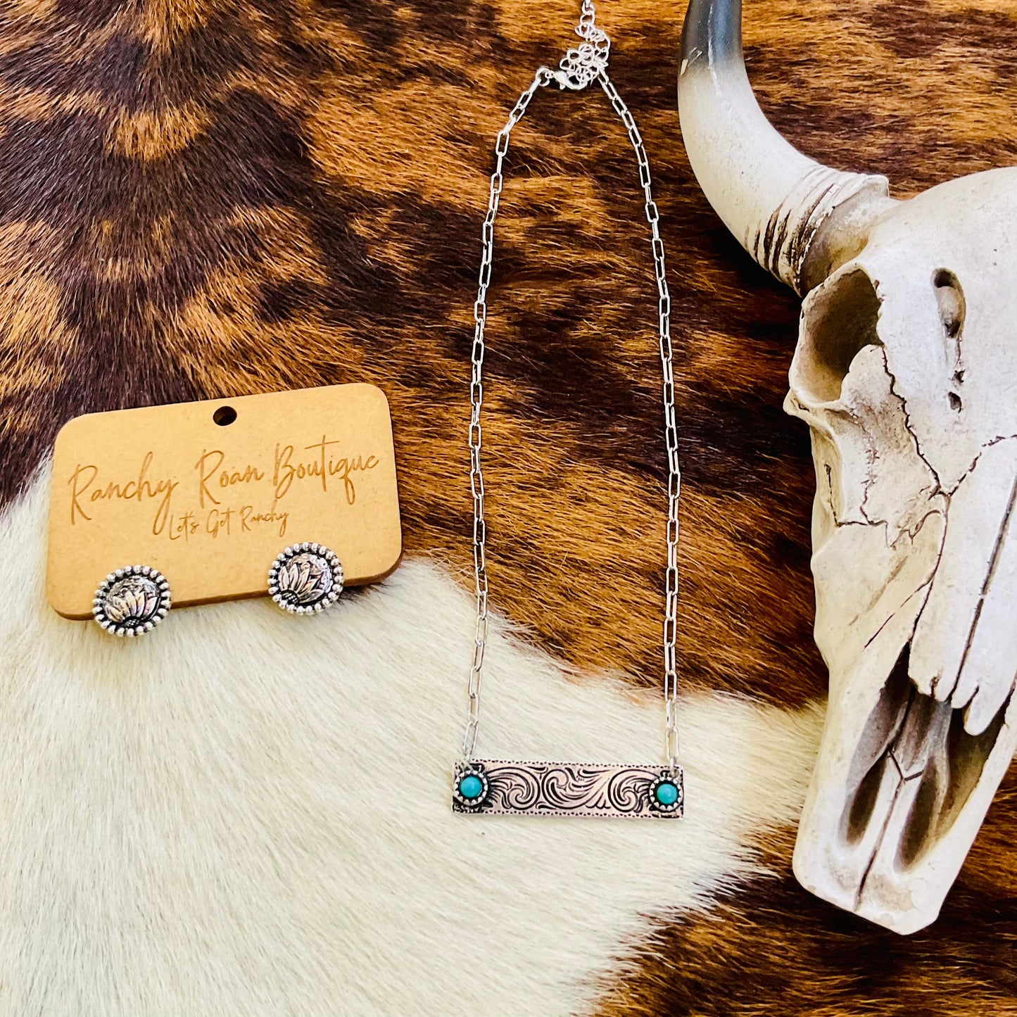 Western Etched Stone Bar Necklace Adjustable Cowgirl Jewelry