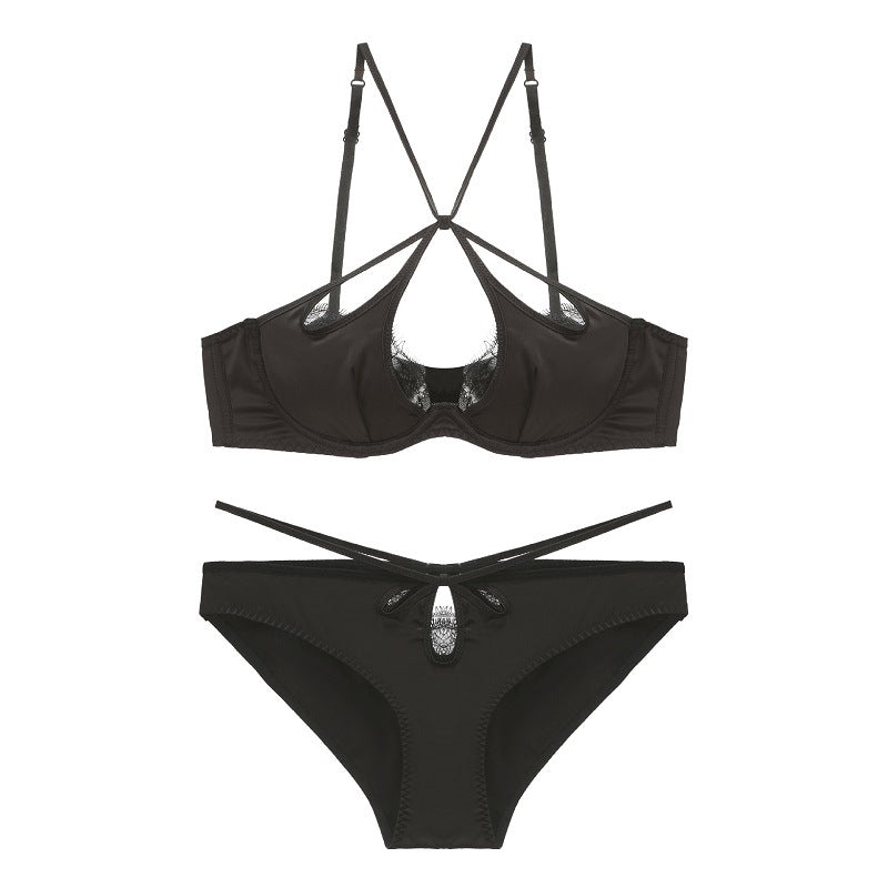 French Sexy Underwear Glossy Cutout Eyelash Lace Thin Soft Steel Ring Criss Cross Strap Push up Bra Set