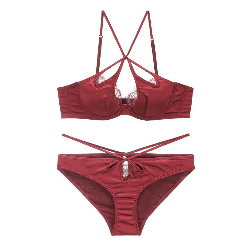 French Sexy Underwear Glossy Cutout Eyelash Lace Thin Soft Steel Ring Criss Cross Strap Push up Bra Set