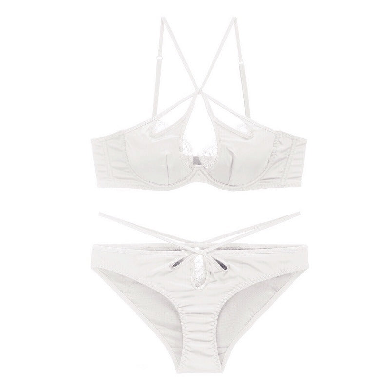 French Sexy Underwear Glossy Cutout Eyelash Lace Thin Soft Steel Ring Criss Cross Strap Push up Bra Set