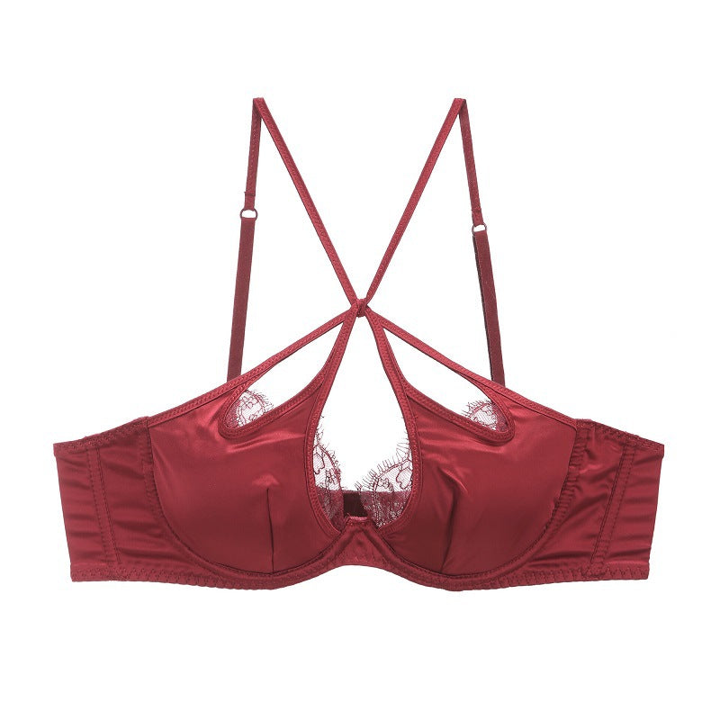 French Sexy Underwear Glossy Cutout Eyelash Lace Thin Soft Steel Ring Criss Cross Strap Push up Bra Set