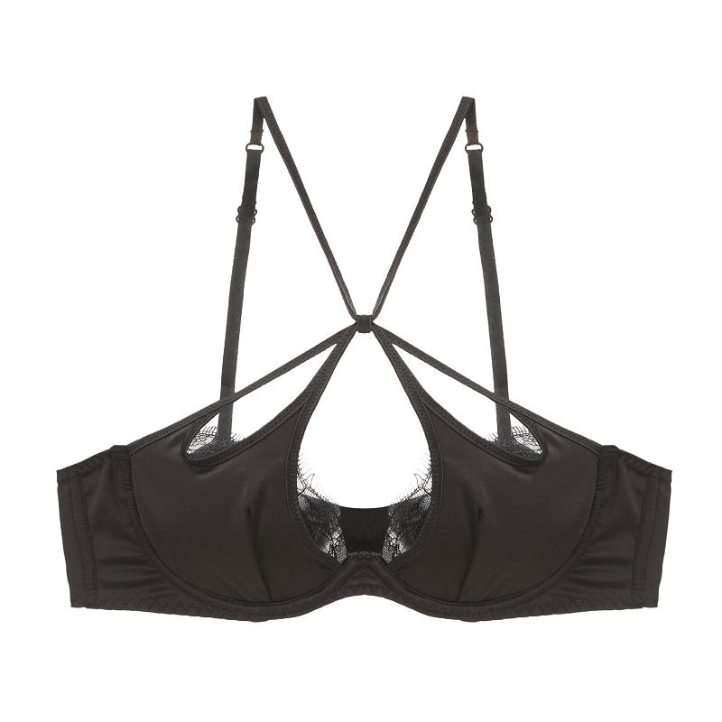 French Sexy Underwear Glossy Cutout Eyelash Lace Thin Soft Steel Ring Criss Cross Strap Push up Bra Set