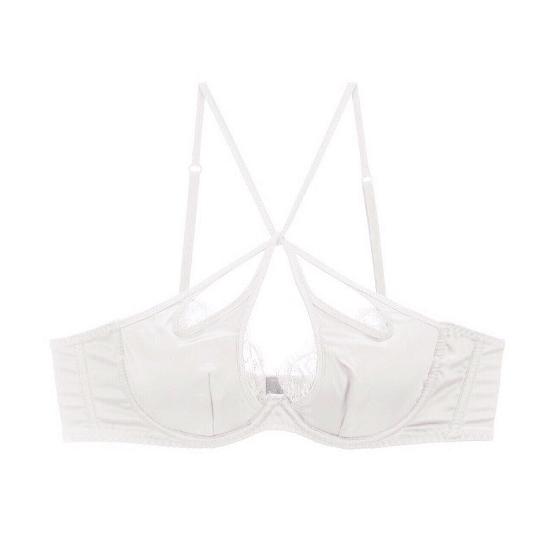 French Sexy Underwear Glossy Cutout Eyelash Lace Thin Soft Steel Ring Criss Cross Strap Push up Bra Set