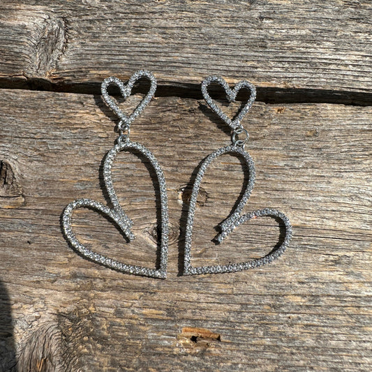 Silver Cowgirl Rhinestone Heart Dangle Fashion Earrings