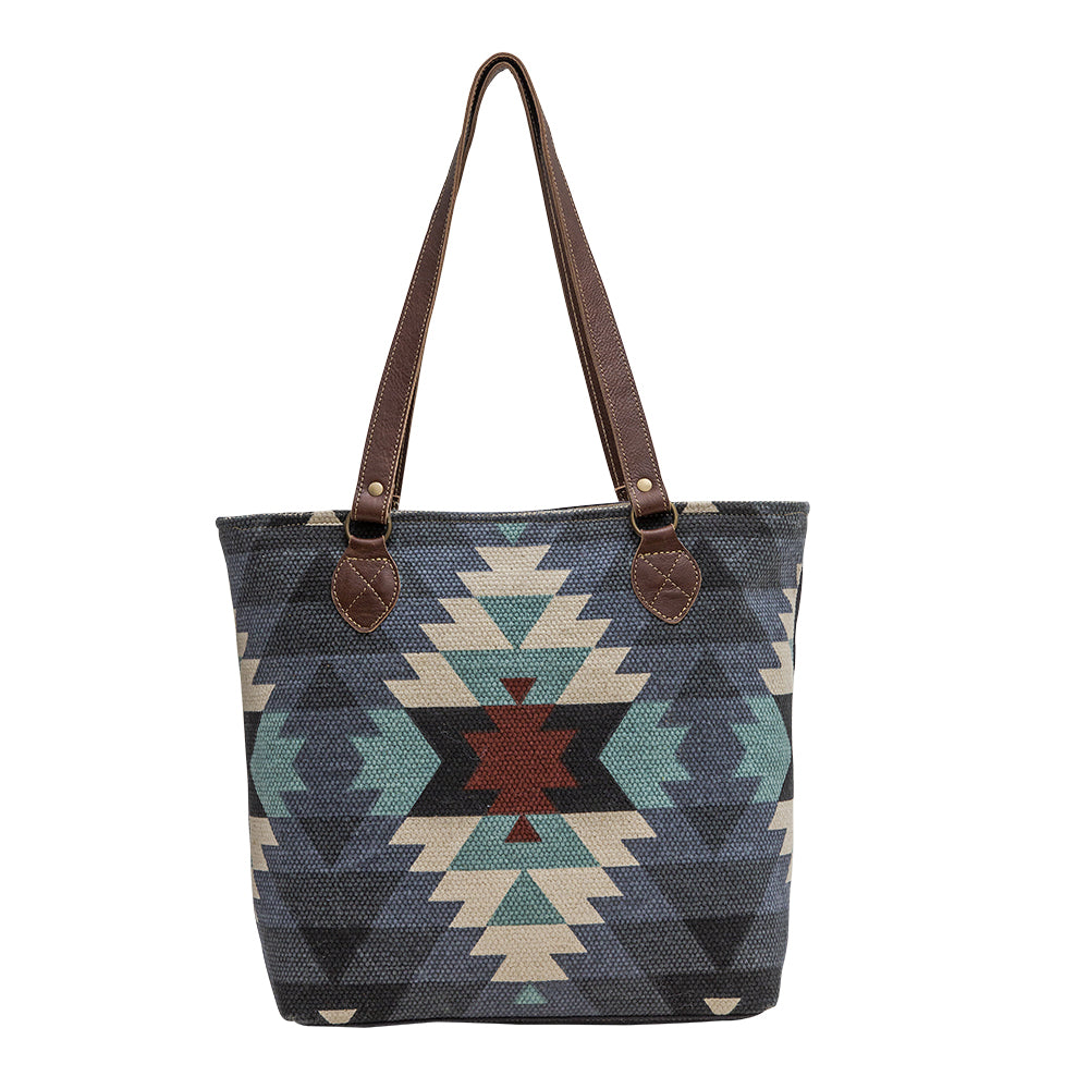 Myra Polos Aztec Canvas Tote for Women – Tribal Print Body with Dual Leather Handles for Everyday Western Style