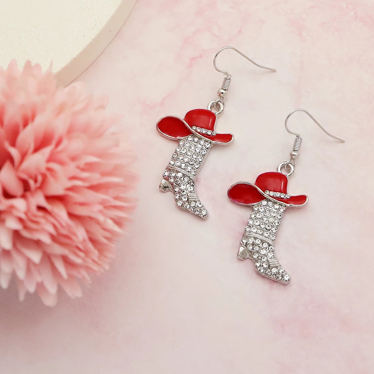 Vintage Stainless Steel Hook Cute Boots Crystal Earrings Western Cowgirl