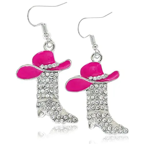 Vintage Stainless Steel Hook Cute Boots Crystal Earrings Western Cowgirl