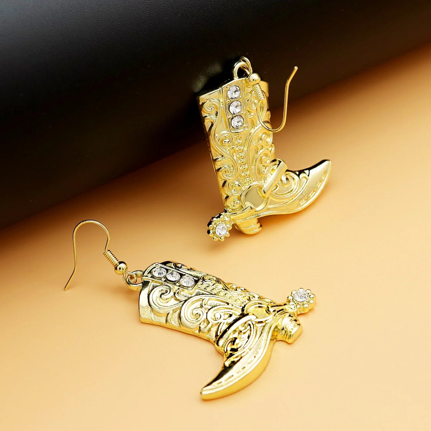 Vintage Stainless Steel Hook Cute Boots Crystal Earrings Western Cowgirl