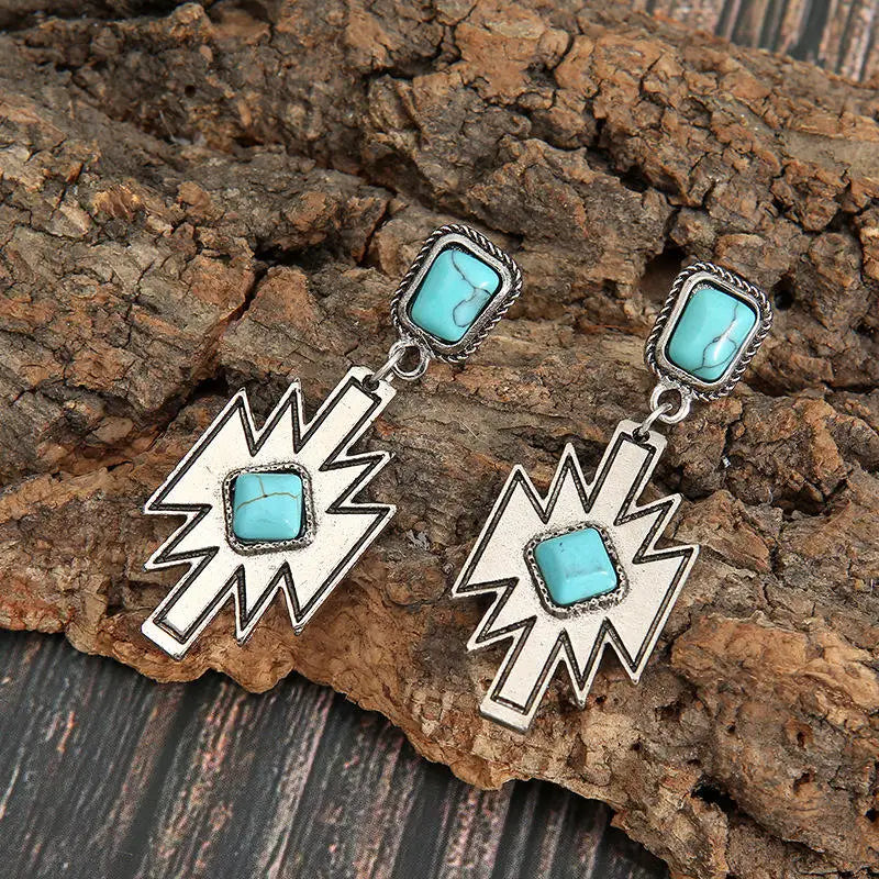 Western Cowgirl Aztec Dangle Earrings Stone Navajo Aztec Turquoise