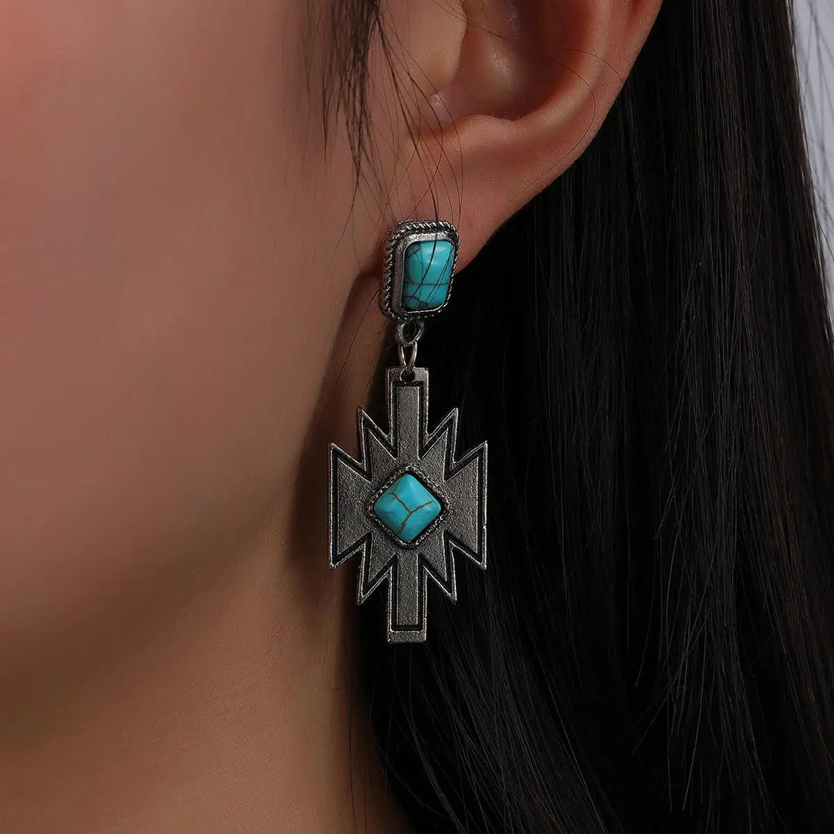 Western Cowgirl Aztec Dangle Earrings Stone Navajo Aztec Turquoise