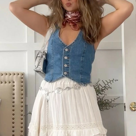 Vintage Button Down Denim Vest Sexy v Neck Retro Cowgirl Crop Jean Corset Top