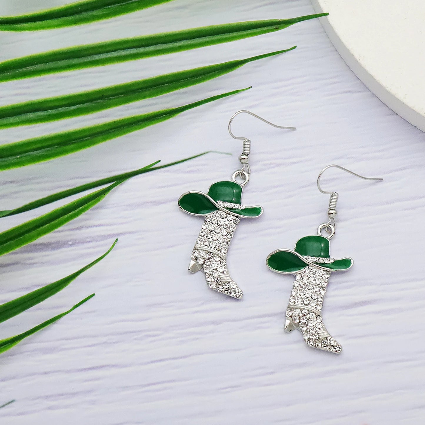 Vintage Stainless Steel Hook Cute Boots Crystal Earrings Western Cowgirl