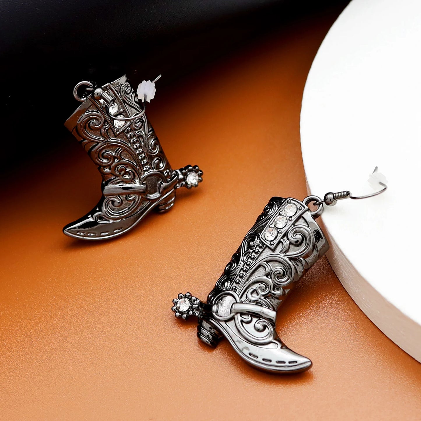 Vintage Stainless Steel Hook Cute Boots Crystal Earrings Western Cowgirl
