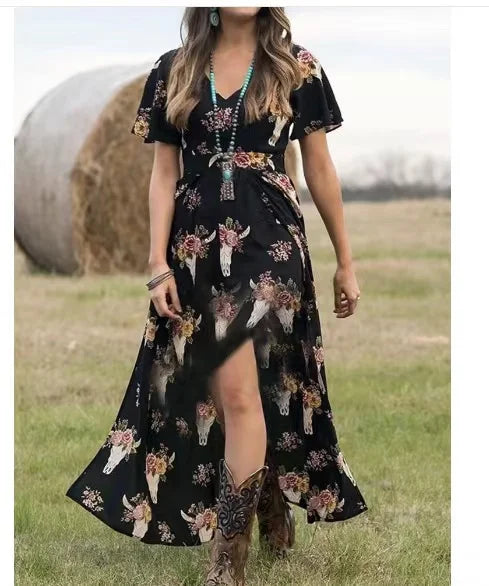 Western American Clothing Printed Cowgirls Short Sleeve Loose Maxi Split Dress