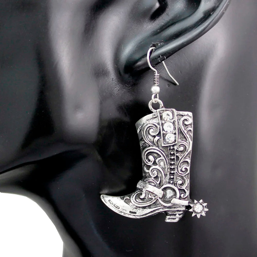 Vintage Stainless Steel Hook Cute Boots Crystal Earrings Western Cowgirl