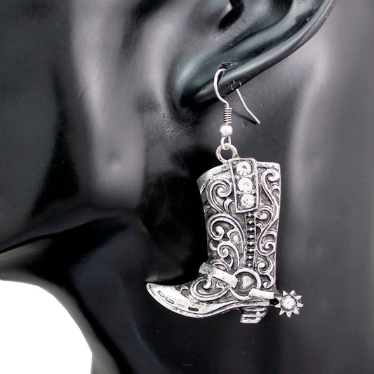 Vintage Stainless Steel Hook Cute Boots Crystal Earrings Western Cowgirl